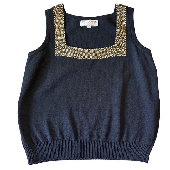 St. John Tops - ST‎ JOHN Black Square Neck Jeweled Sleeveless Knit Top Size 8